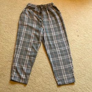 Brown tartan and tan patterned pants